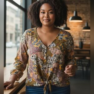 New Directions Multicolor Patterned Tie-Front Blouse 1X